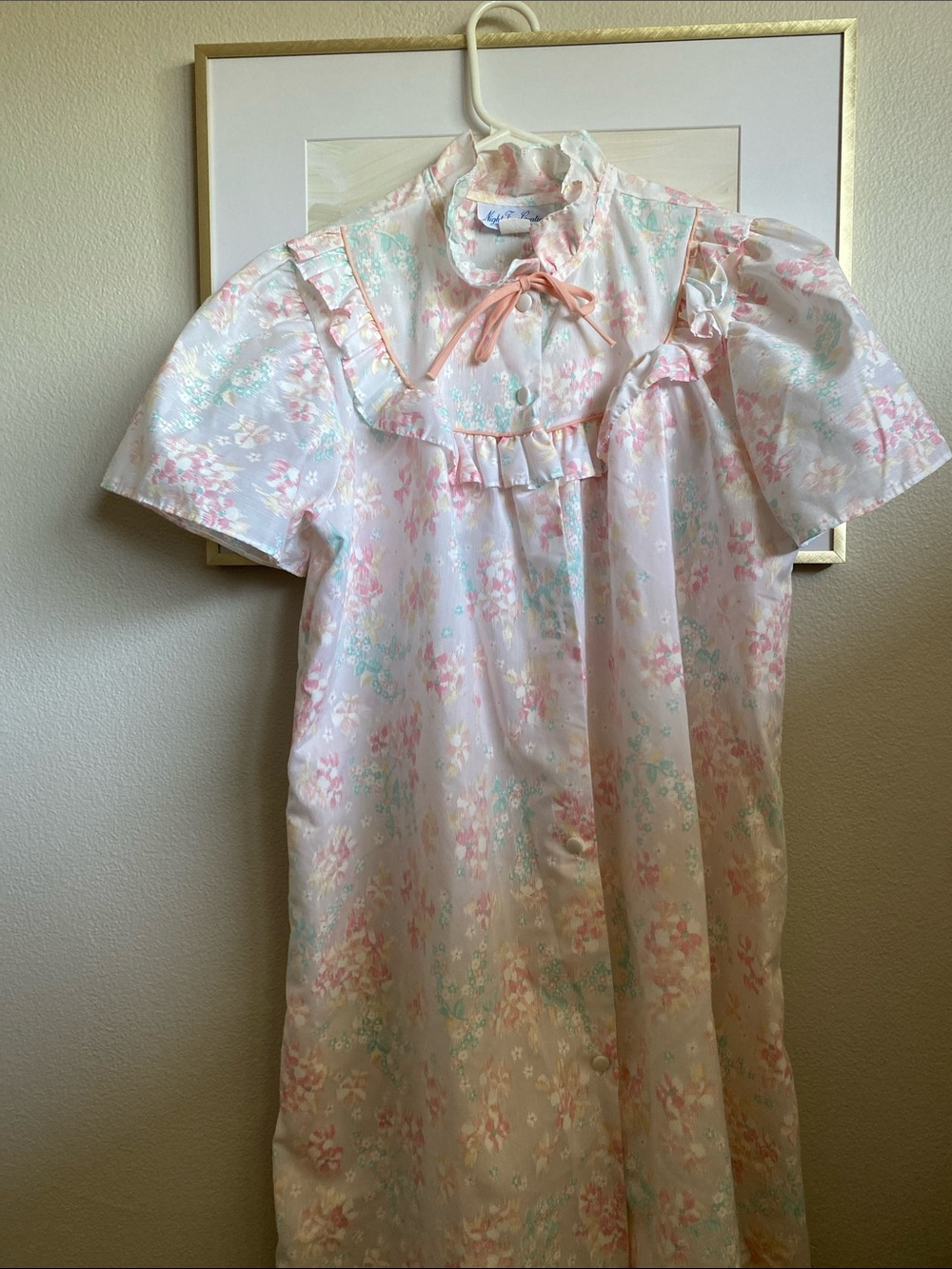 Vintage Pastel Floral Nightgown with Ruffle Collar, Sz M